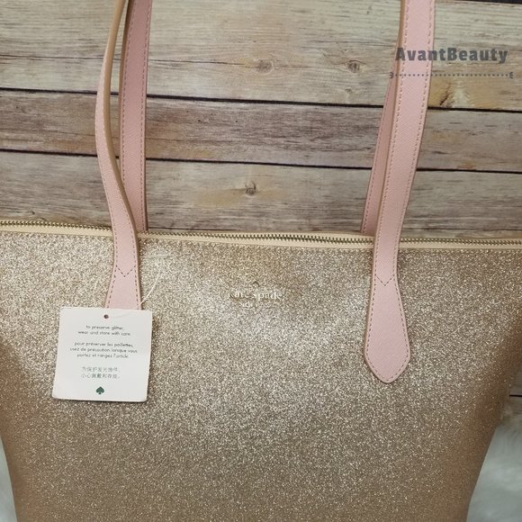 Kate Spade Joeley Glitter Rose Gold Tote New - Picture 3 of 9
